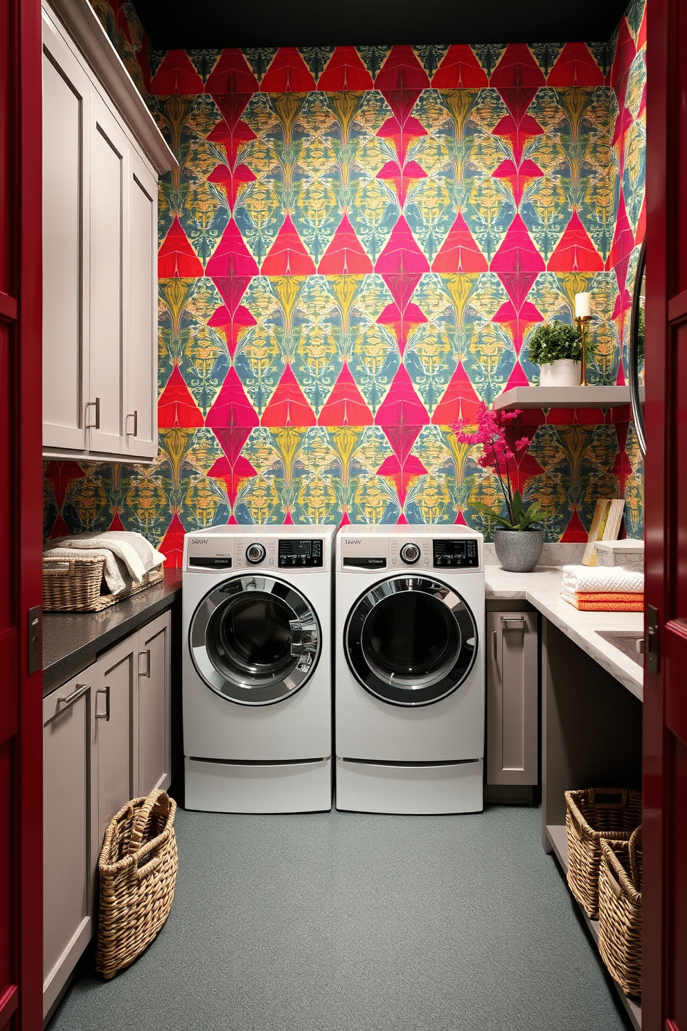 A striking laundry room features a bold, geometric wallpaper in vibrant hues, creating a stunning statement wall that captures attention. The space is equipped with a top-loading washer, complemented by sleek cabinetry and a stylish countertop for folding clothes. The flooring is a durable, water-resistant material that ties in with the wallpaper's color palette, ensuring both functionality and aesthetic appeal. Decorative baskets and plants add a touch of warmth and organization, making this laundry room both practical and inviting.