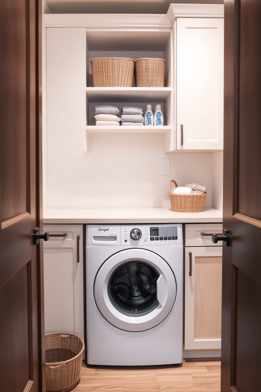 A compact laundry room designed for small spaces features a top-loading washer seamlessly integrated into a custom cabinetry setup. The walls are painted in a light, airy color, and open shelving above the washer provides functional storage for detergents and supplies, while a small countertop offers a space for folding clothes.