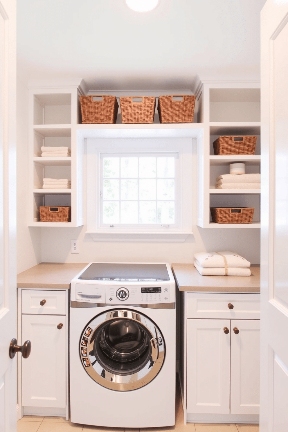 Bright lighting fills the laundry room, creating a cheerful and inviting atmosphere. The space features a top-loading washer, surrounded by white cabinetry and open shelving for easy access to laundry essentials. The walls are painted in a light, refreshing color, enhancing the brightness of the room. A stylish countertop above the washer provides ample space for folding clothes, while decorative baskets add a touch of organization and charm.