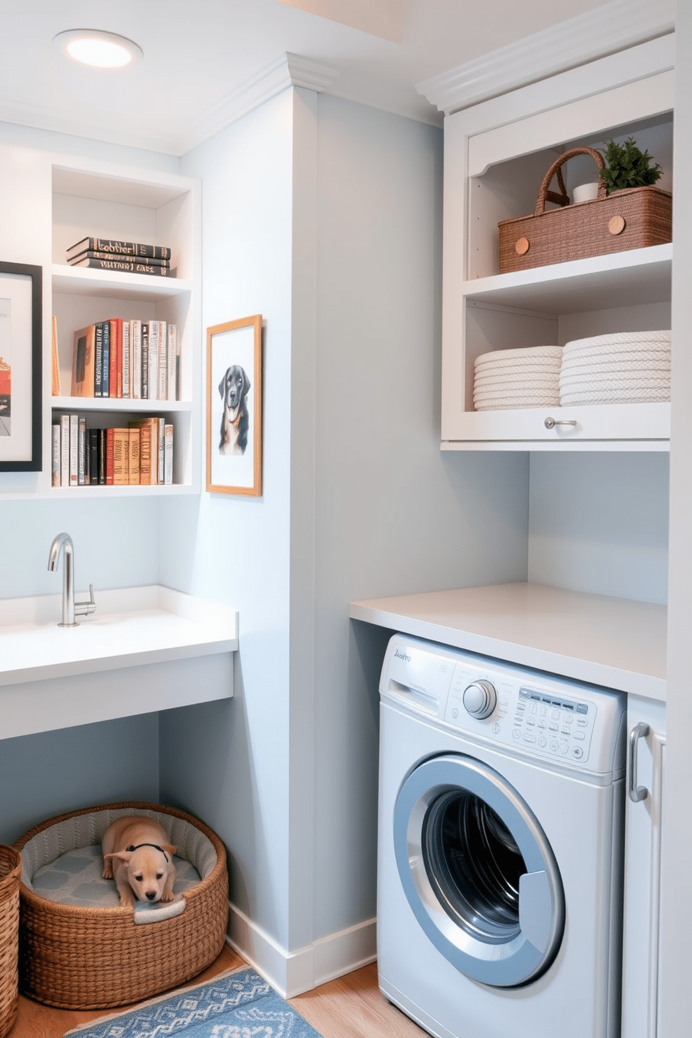 A multi-functional space designed for versatility and comfort. This area features a cozy reading nook with built-in shelves, a small desk for work, and a designated pet area with a stylish pet bed and feeding station. The laundry room showcases a top-loading washer seamlessly integrated into a modern design. Bright cabinetry provides ample storage, while a countertop above the washer offers space for folding clothes, complemented by a cheerful color palette of soft blues and whites.