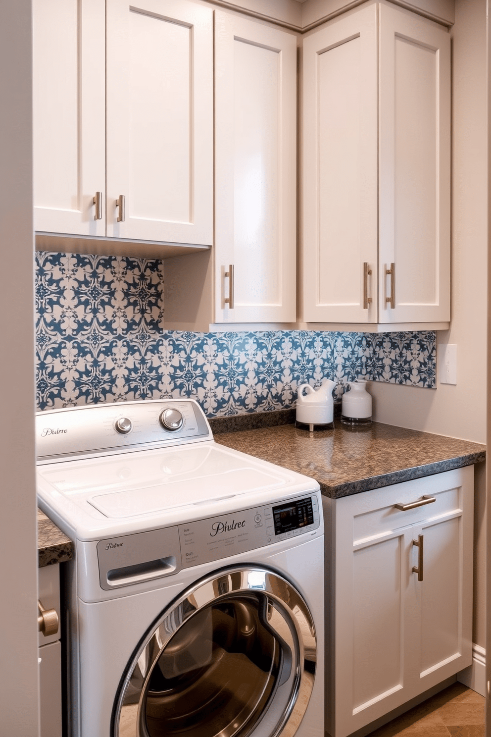 A stylish laundry room features a top-loading washer seamlessly integrated into a sleek cabinetry design. The elegant tile backsplash, adorned with intricate geometric patterns, adds a vibrant pop of color and texture to the space.