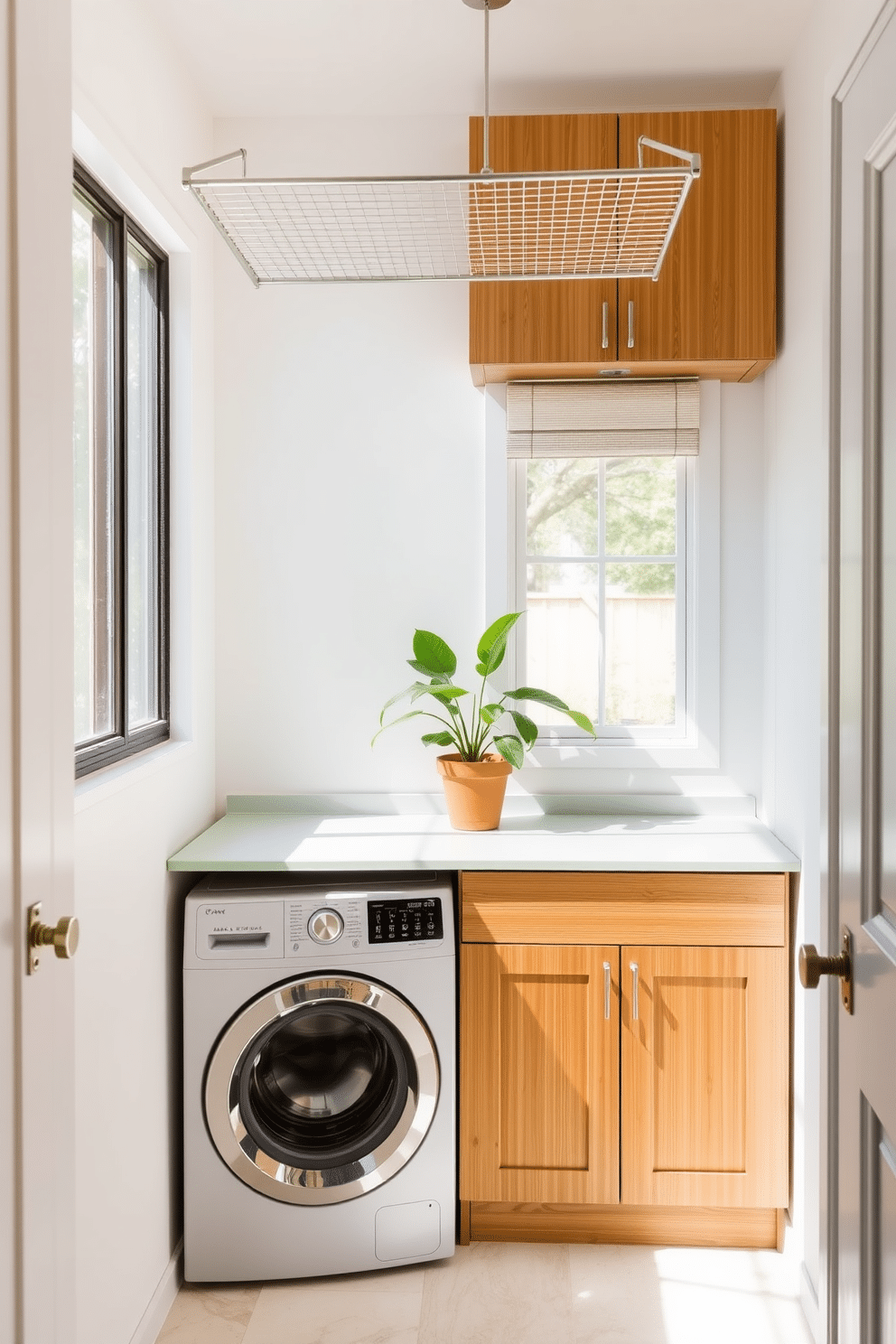 A bright and airy laundry room featuring eco-friendly materials and finishes. The walls are painted in soft white, complemented by bamboo cabinetry and a countertop made of recycled glass. A top-loading washer is seamlessly integrated into the design, with a stylish drying rack mounted above. Natural light floods the space through a large window, illuminating a potted plant on the countertop for a touch of greenery.