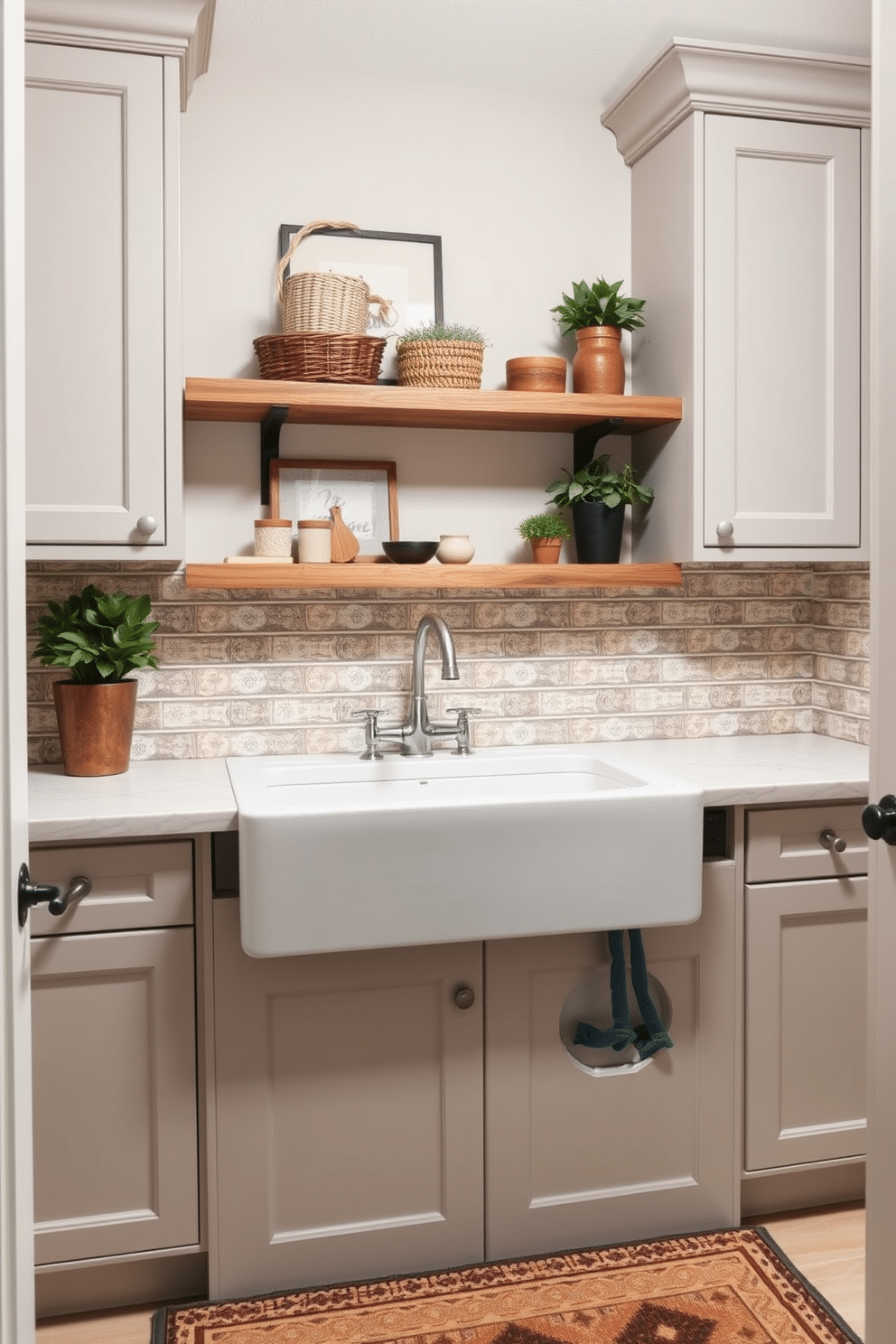 A charming farmhouse sink is the centerpiece of the laundry room, showcasing a deep basin with a brushed nickel faucet. Surrounding the sink are rustic wooden shelves adorned with neatly arranged accessories, including woven baskets and potted herbs, creating a warm and inviting atmosphere. The laundry room features a top-loading washer, seamlessly integrated into a custom cabinetry setup that maximizes storage space. Soft, muted colors on the walls and a patterned backsplash provide a stylish backdrop, while a cozy rug adds comfort underfoot.