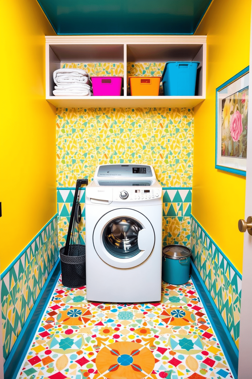 A vibrant laundry room filled with bright colors and playful patterns. The walls are painted in a cheerful yellow, featuring a whimsical wallpaper with colorful geometric shapes. A top-loading washer sits prominently in the center, surrounded by a mosaic of patterned tiles that add a fun touch to the floor. Above the washer, open shelving displays neatly folded towels and colorful storage bins, enhancing the lively atmosphere.