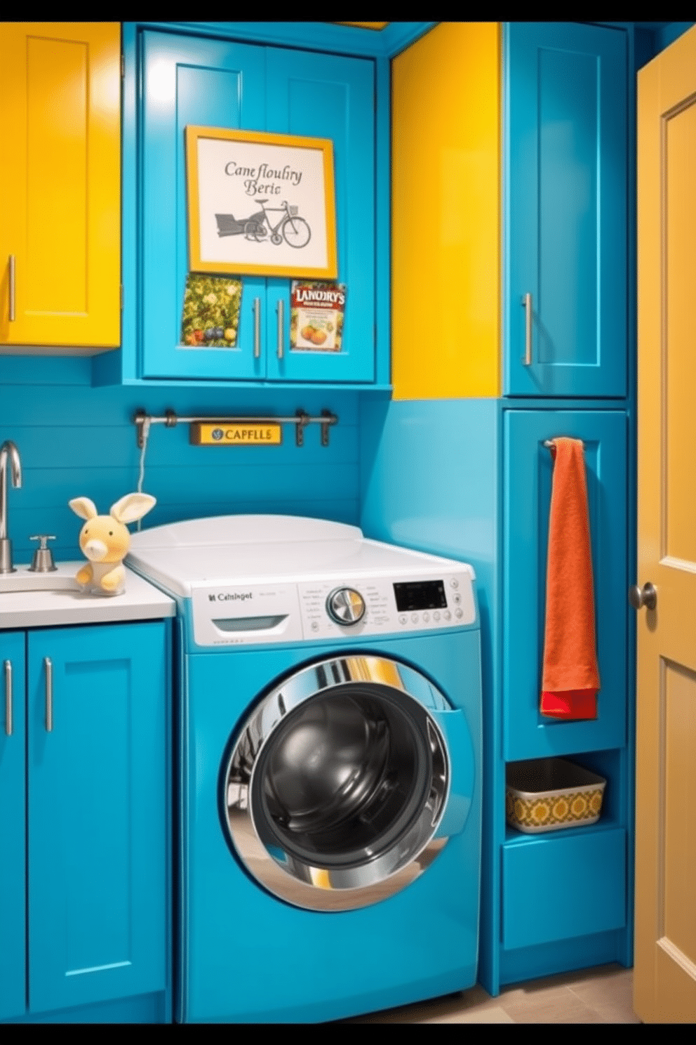 A lively laundry room features colorful cabinetry in vibrant shades of blue and yellow, creating a cheerful atmosphere. The top-loading washer is stylishly integrated into the design, surrounded by playful decor and efficient storage solutions.