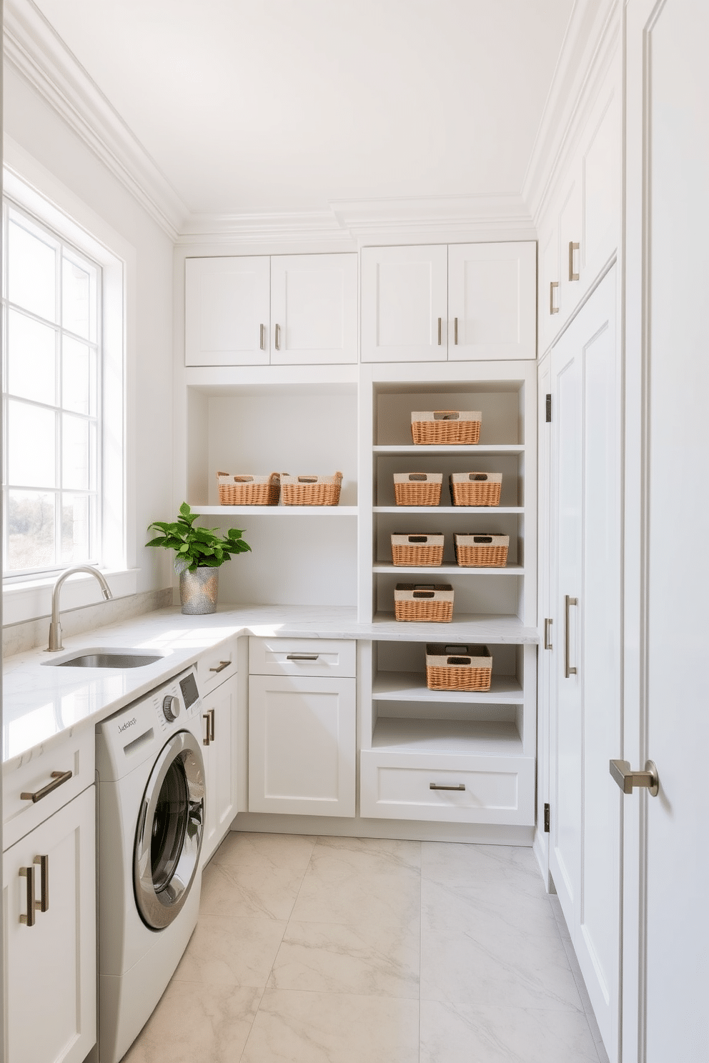 A bright and airy laundry room featuring a large view window that floods the space with natural light. The room is designed with a top-loading washer seamlessly integrated into a custom cabinetry setup, complemented by a marble countertop for folding clothes. The walls are painted in a soft white hue, enhancing the sense of openness, while the floor is adorned with light gray tiles for a modern touch. Decorative storage baskets are neatly arranged on open shelves, and a potted plant adds a touch of greenery near the window.