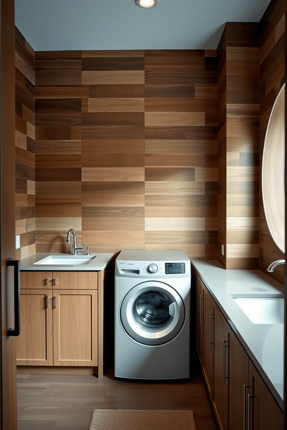 Textured wall panels in a laundry room create a visually striking backdrop, enhancing the overall aesthetic. The panels can feature a mix of wood and fabric textures, adding warmth and sophistication to the space. The laundry room showcases a top-loading washer seamlessly integrated into a custom cabinetry design. Sleek countertops provide ample space for folding clothes, while stylish storage solutions keep the area organized and clutter-free.