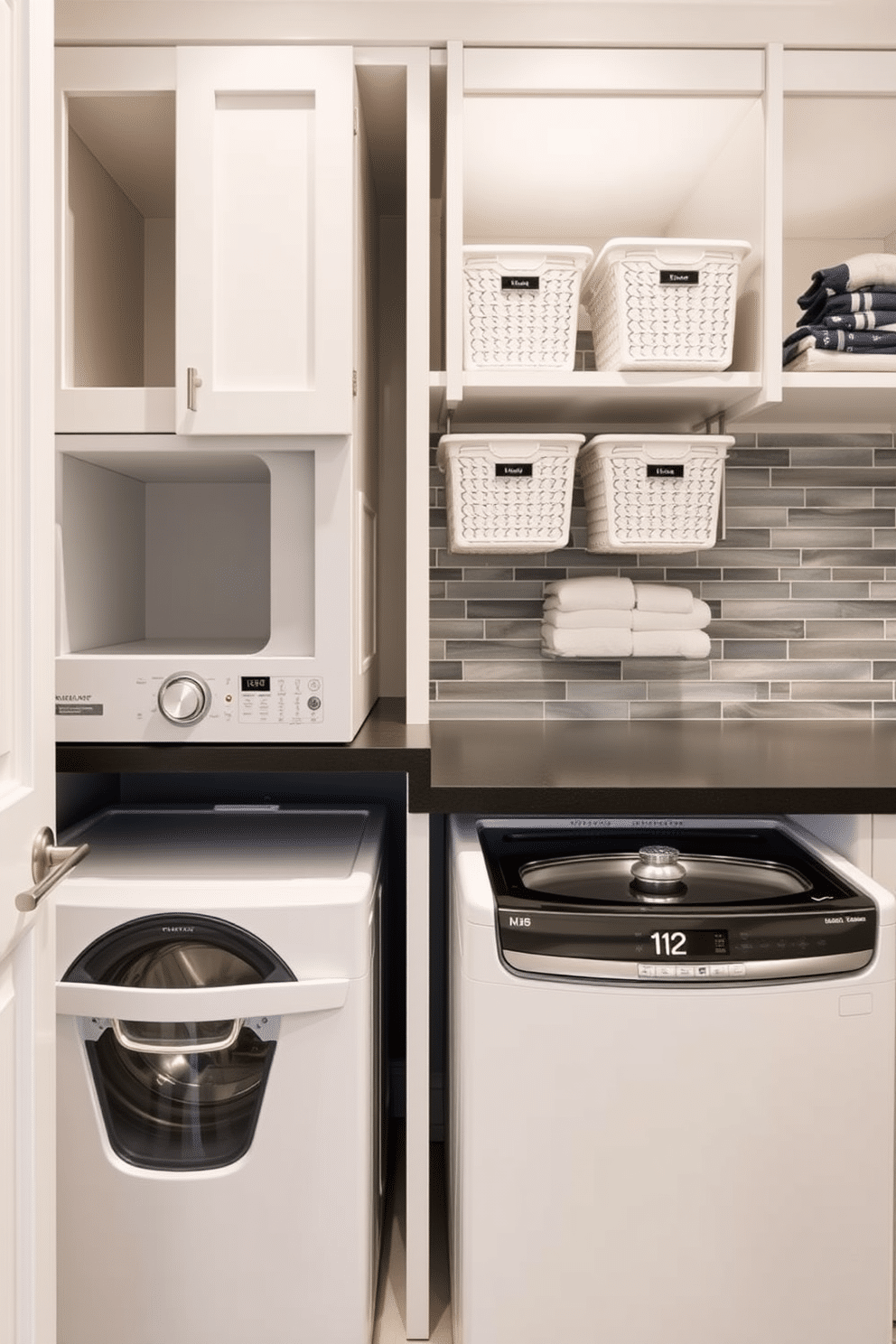 A functional laundry room featuring clever pull-out hampers for easy access and organization. The space includes a top-loading washer placed adjacent to a sleek countertop, ideal for folding clothes, with a stylish backsplash that adds a pop of color.