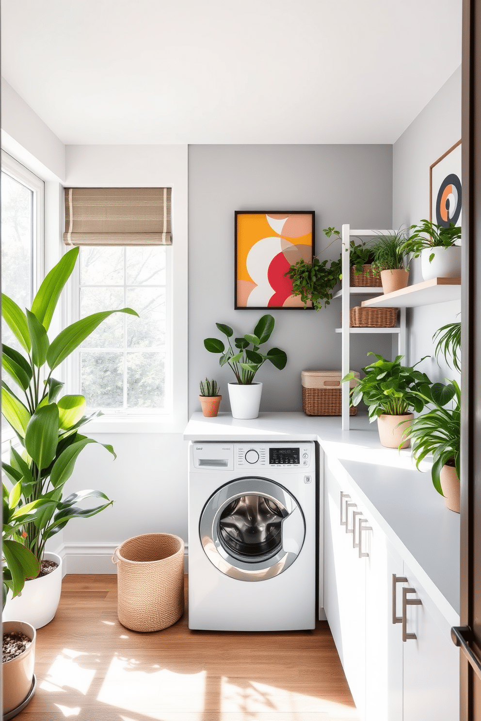 A stylish laundry room featuring a top-loading washer surrounded by vibrant potted plants. The walls are adorned with modern art pieces that add a pop of color, while a sleek countertop provides space for folding clothes. Natural light streams in through a large window, illuminating the space and enhancing the greenery. A minimalist shelf holds decorative baskets and additional plants, creating a harmonious balance between functionality and aesthetics.