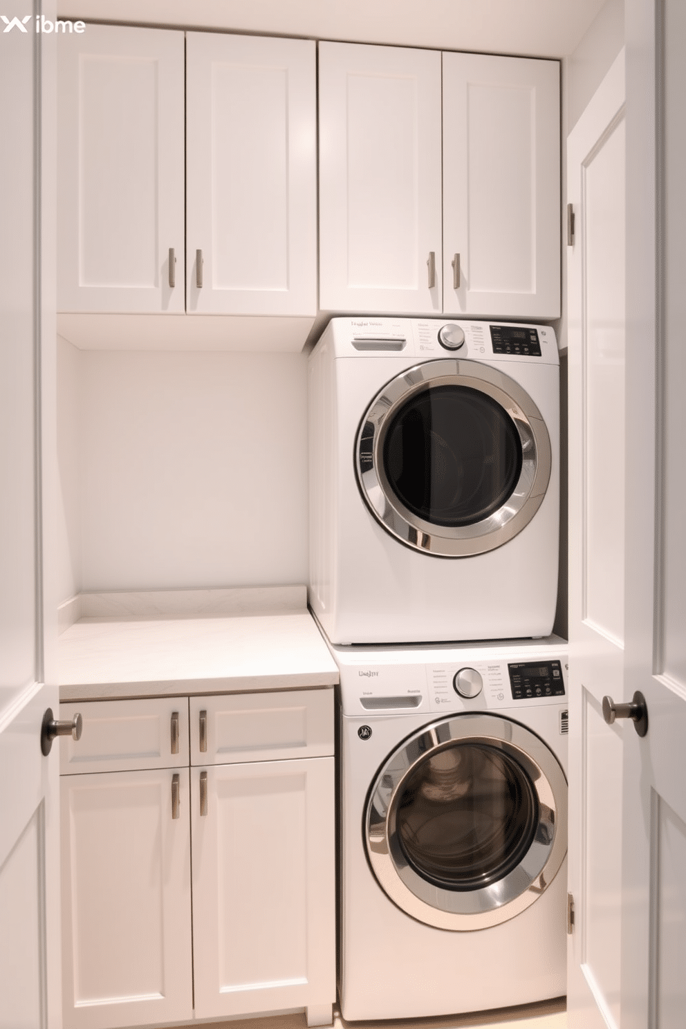 A modern laundry room featuring a combination washer-dryer unit designed for optimal space-saving. The room is bright and airy, with white cabinetry and a sleek countertop that complements the top-loading washer, creating a functional and stylish environment.