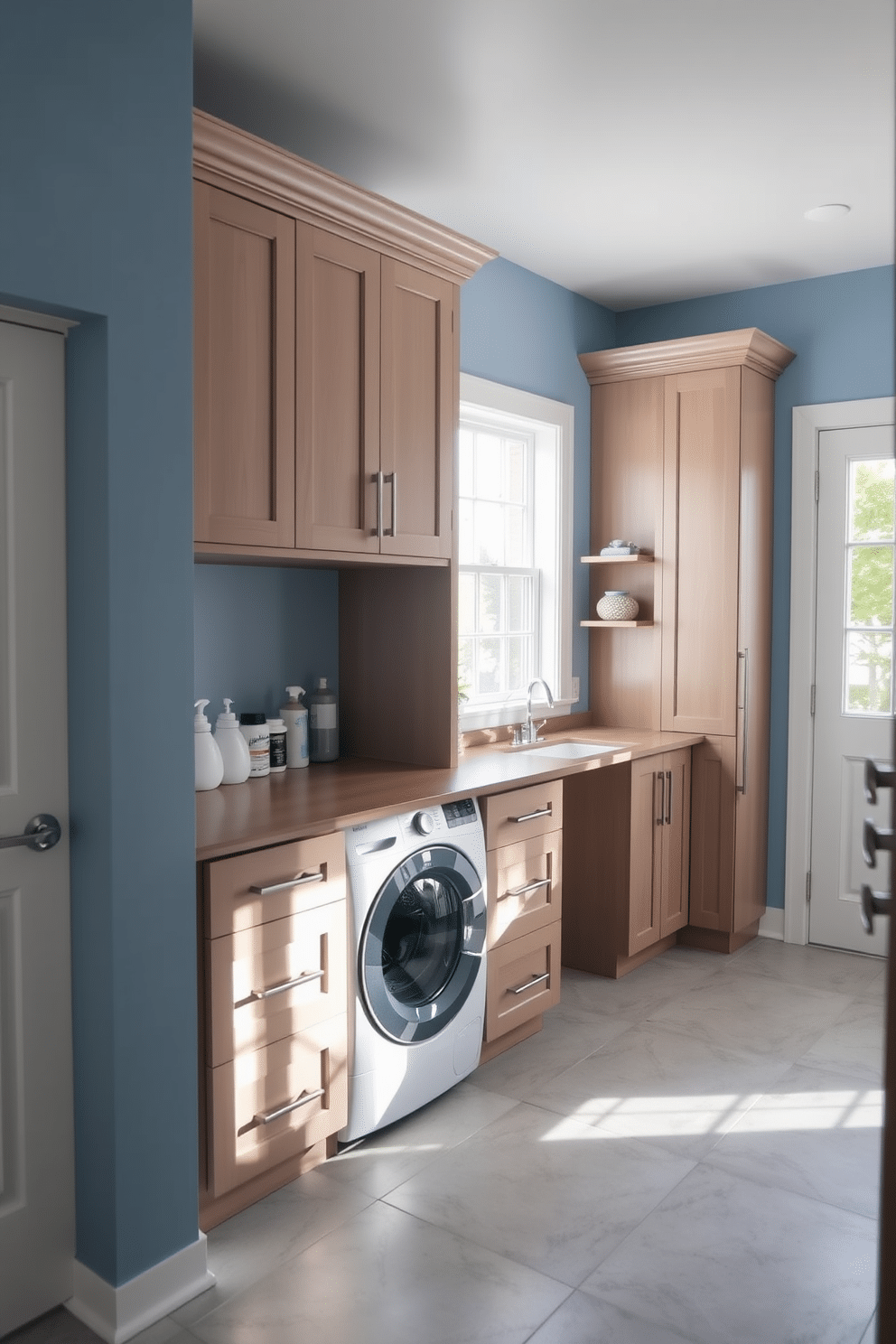 A stylish laundry room features a built-in desk with sleek cabinetry, perfect for organizing laundry supplies and managing household tasks. The space is illuminated by natural light streaming in through a large window, creating a bright and inviting atmosphere. The laundry area includes a top-loading washer seamlessly integrated into the cabinetry, surrounded by ample storage for detergents and fabric softeners. The walls are painted in a soft blue hue, while the floor is adorned with durable, water-resistant tiles in a light gray shade.