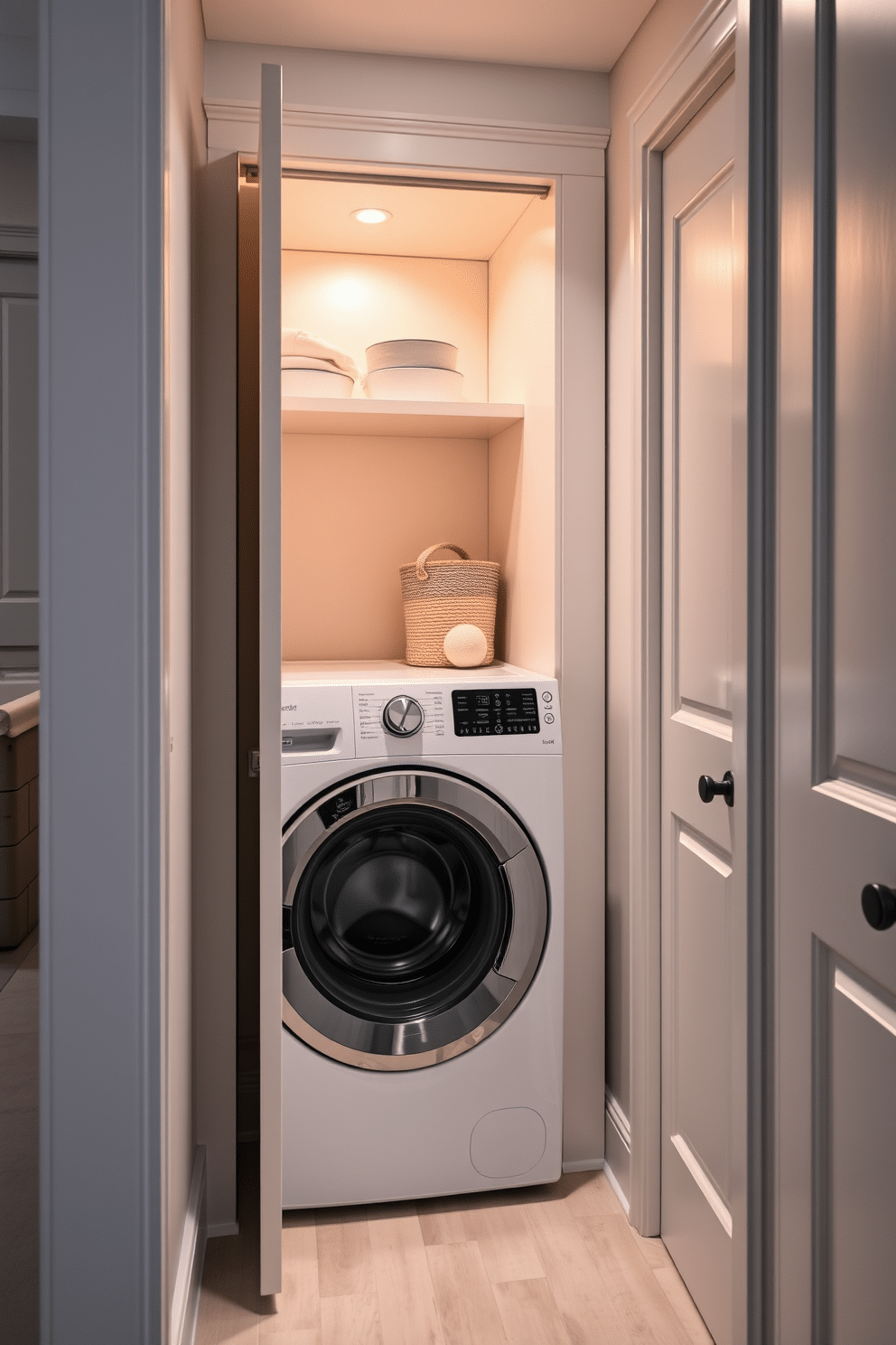 A cozy laundry nook tucked away in a hallway, featuring a sleek top-loading washer seamlessly integrated into the cabinetry. The space is illuminated by warm lighting, with a small shelf above the washer for laundry essentials and a stylish basket for storing clean clothes.