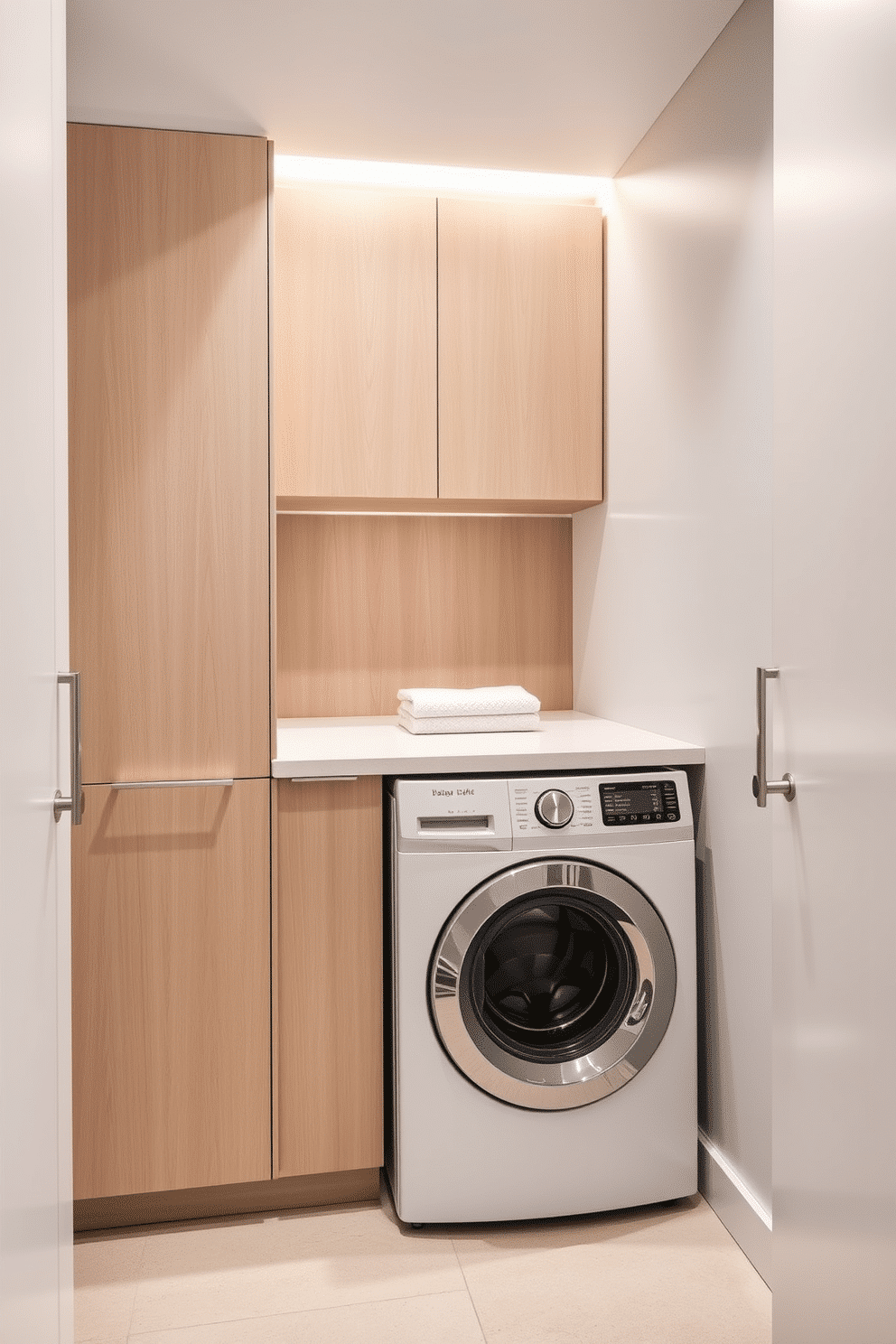 A minimalist laundry room features sleek cabinetry that blends seamlessly into the walls, creating an uncluttered and spacious feel. The top-loading washer is elegantly integrated into the design, with a smooth countertop above for folding clothes, accented by subtle under-cabinet lighting.