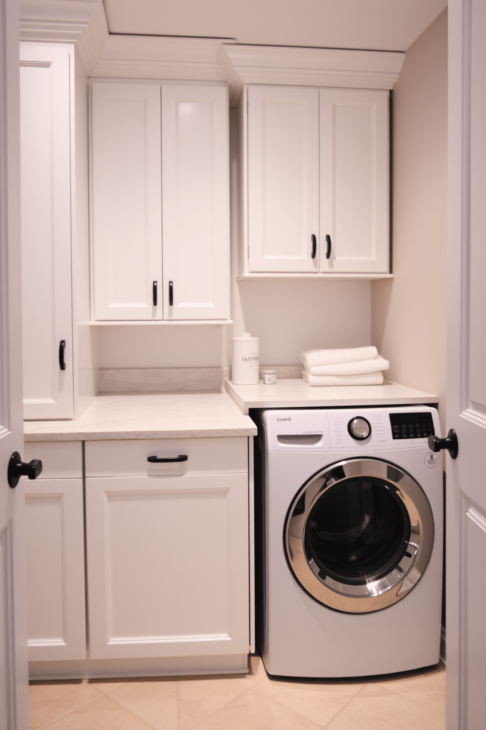 A stylish laundry room featuring custom cabinetry designed for personalized storage solutions. The cabinetry is painted in a soft white finish, seamlessly blending with the overall aesthetic while providing ample space for organizing laundry essentials. Incorporating a top-loading washer, the design emphasizes functionality and ease of use. The countertop above the washer is crafted from durable quartz, providing a practical surface for folding clothes and sorting laundry.