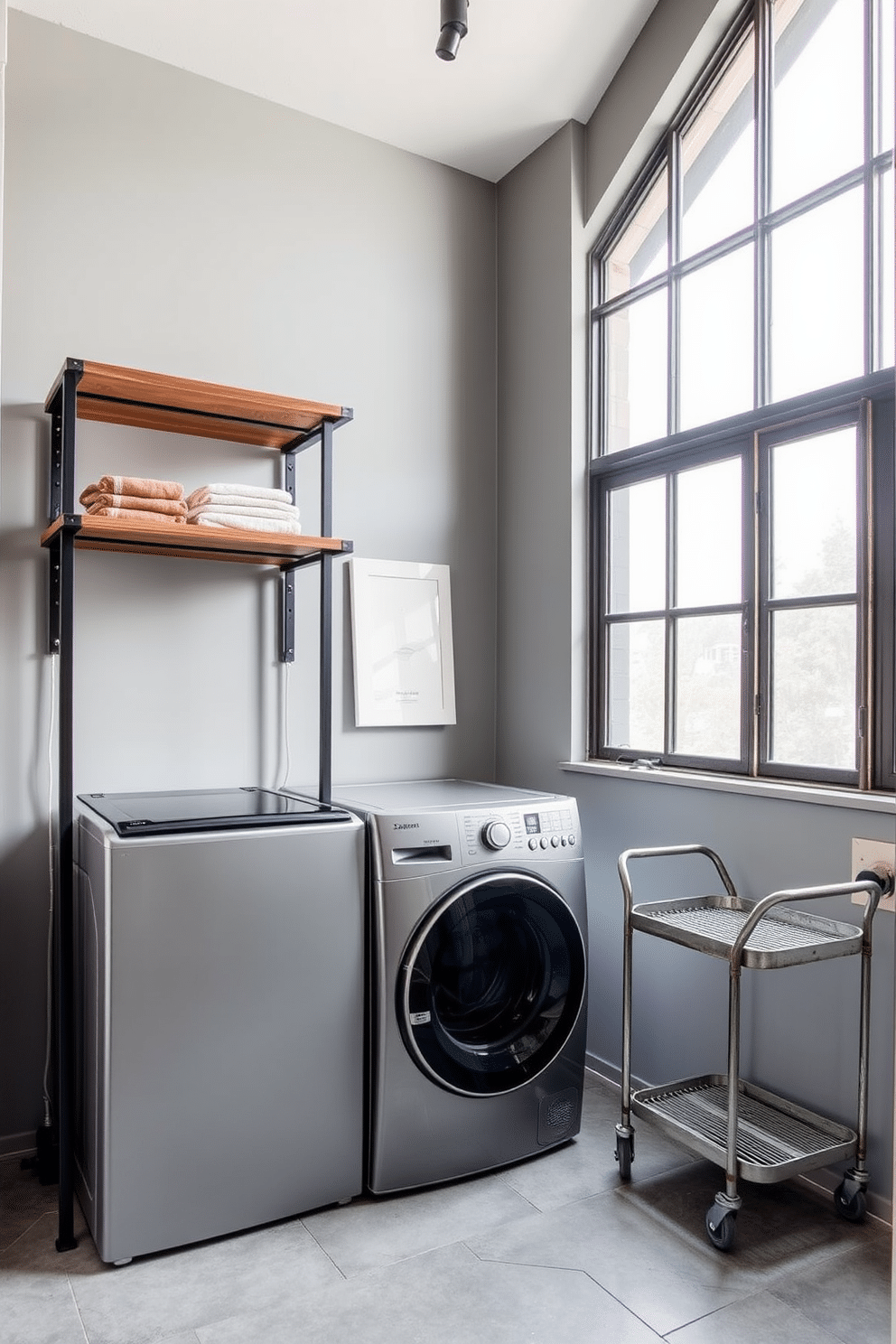 A sleek laundry room featuring an industrial style with exposed metal accents. The space includes a top-loading washer seamlessly integrated into a custom metal frame, complemented by open shelving made of reclaimed wood and steel brackets. The walls are painted in a soft gray, enhancing the raw aesthetic while large factory-style windows allow natural light to flood the room. A vintage metal cart on wheels is positioned nearby, offering both functionality and a touch of character.