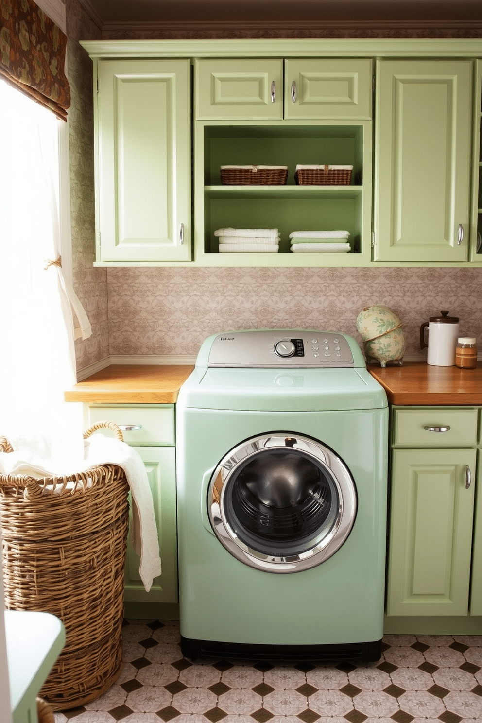 A vintage-inspired laundry room showcases retro appliances, featuring a top-loading washer in a classic mint green finish. The space is adorned with patterned wallpaper and a wooden countertop that complements the nostalgic aesthetic. Brightly colored cabinets provide ample storage while adding a playful touch to the room. A wicker basket filled with freshly laundered linens sits next to the washer, enhancing the inviting, homey atmosphere.