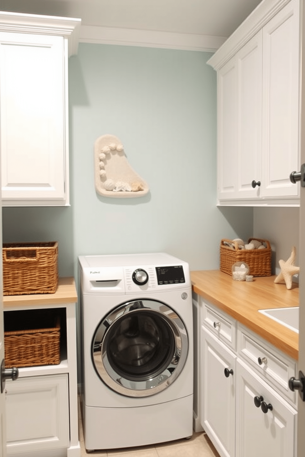 A serene coastal-themed laundry room with light hues. The walls are painted in soft aqua, complemented by white cabinetry and a light wood countertop. A top-loading washer is seamlessly integrated into the design, surrounded by woven baskets for storage. Nautical decor accents, such as seashells and driftwood, add a touch of charm to the space.