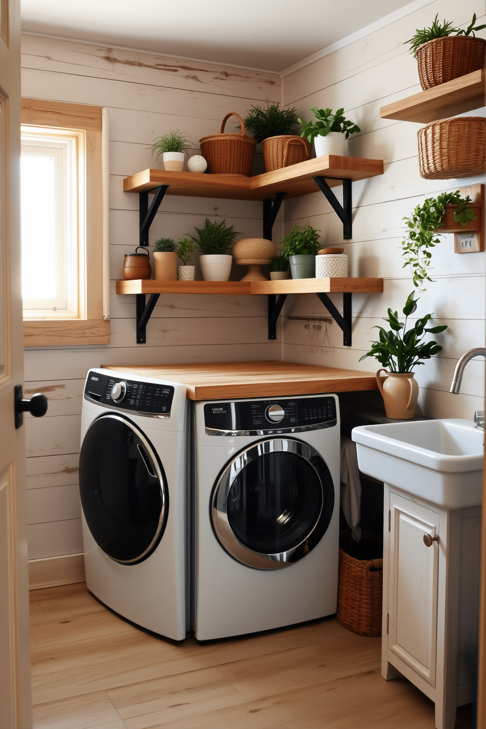 A cozy laundry room featuring rustic wood shelves adorned with various decorative items, including plants and woven baskets. The top-loading washer is positioned against a wall with a shiplap finish, complemented by a farmhouse-style sink nearby. Natural light pours in through a small window, illuminating the warm wood tones and creating a welcoming atmosphere. The floor is finished with durable, light-colored tiles that enhance the rustic charm of the space.