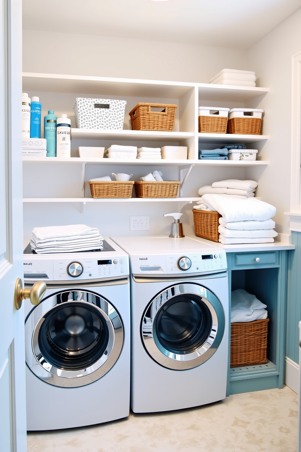 A bright and airy laundry room features open shelving for easy access to laundry supplies, neatly organized in stylish baskets. The top-loading washer is surrounded by a sleek countertop, providing ample space for folding clothes, with a cheerful color palette of soft blues and whites.