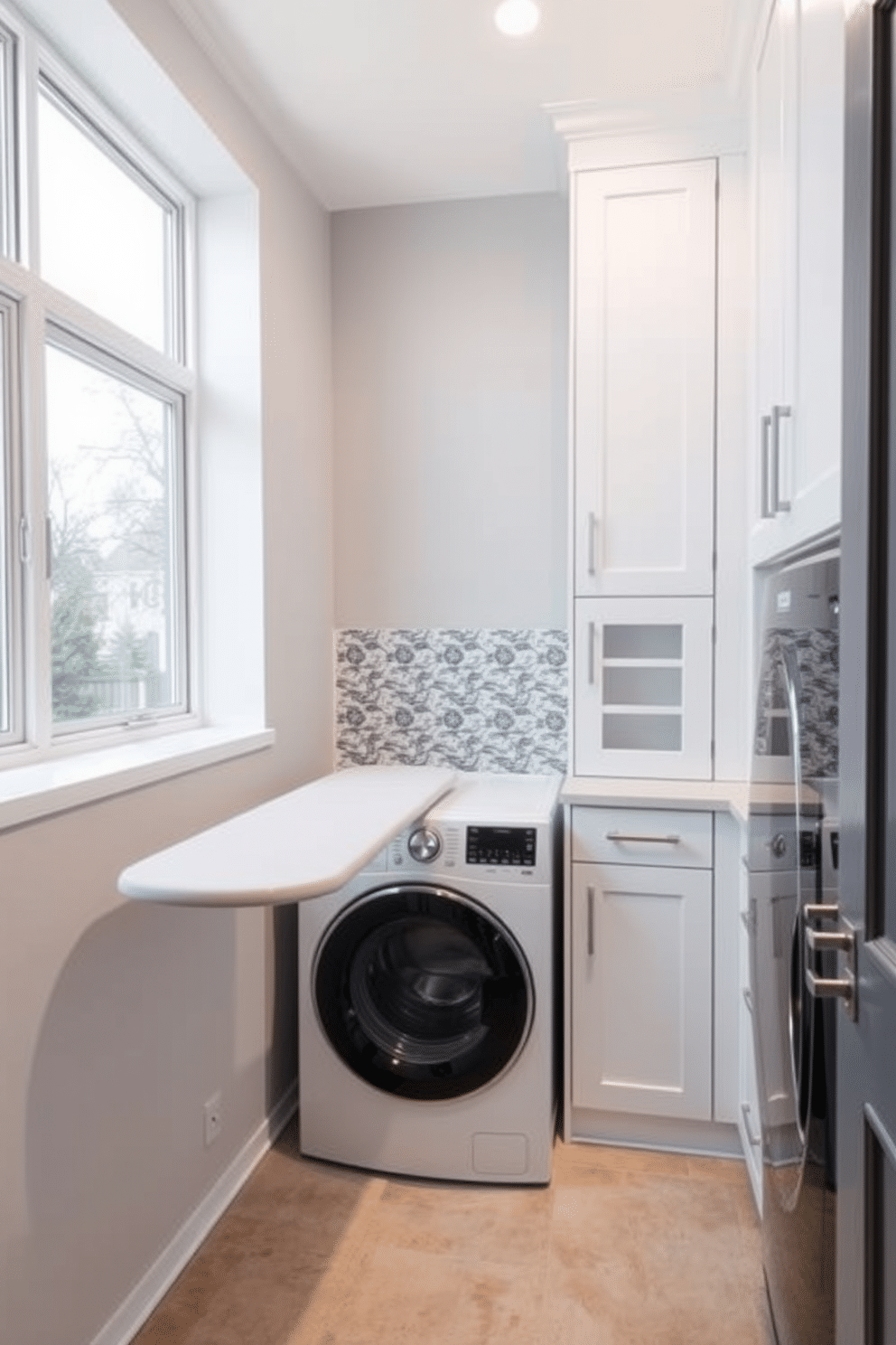 A modern laundry room featuring a built-in ironing board seamlessly integrated into a stylish cabinetry system. The space is brightened by large windows, and the walls are painted in a light gray, complemented by sleek white cabinetry. In the center, a top-loading washer is positioned against a backdrop of patterned backsplash tiles, adding a pop of visual interest. The floor is adorned with durable, water-resistant tiles in a soft beige tone, creating a warm and inviting atmosphere.