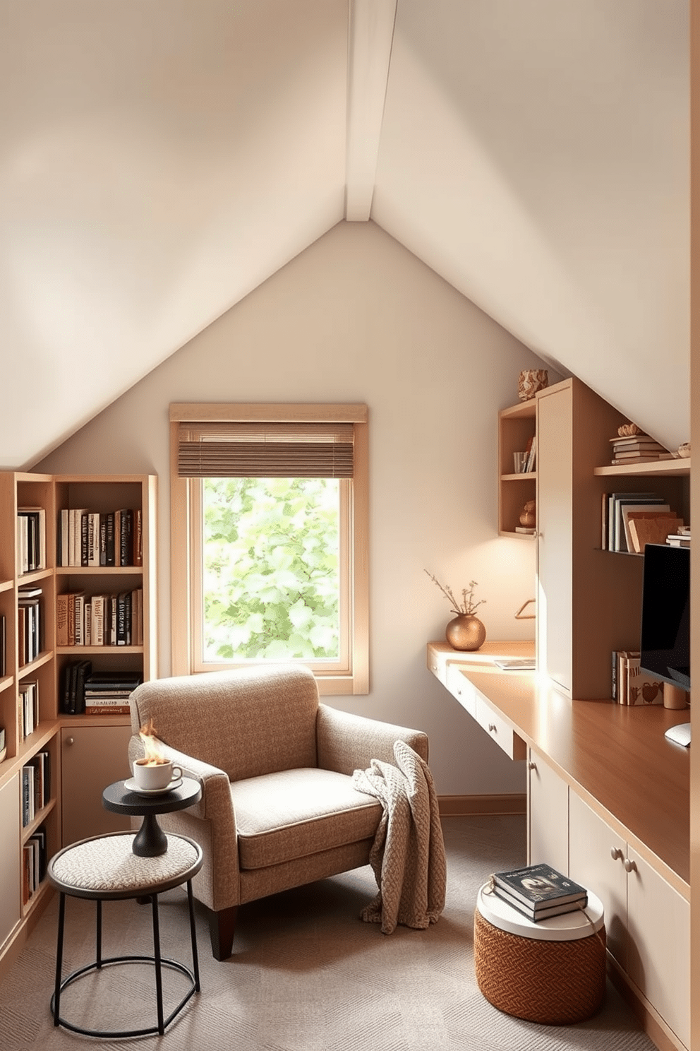 A cozy reading nook with built-in shelves features a plush armchair upholstered in soft, textured fabric, positioned beside a large window that allows natural light to flood the space. The walls are lined with custom-built shelves filled with books and decorative items, while a small side table holds a steaming cup of tea and a warm throw draped over the armchair. In a limited space attic design, consider a multifunctional layout that maximizes every inch. The design includes a compact desk area with integrated storage, a cozy sleeping nook beneath the sloped ceiling, and light-colored walls to create an airy ambiance.