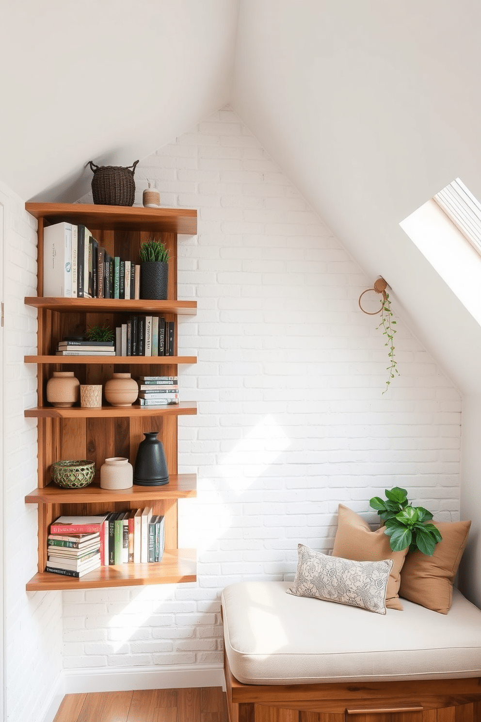 Open shelving for decorative displays. The shelves are made of reclaimed wood and are mounted on a white brick wall, showcasing an array of curated decor items such as books, plants, and artisanal ceramics. Limited Space Attic Design Ideas. The attic features sloped ceilings with skylights that flood the space with natural light, while a cozy reading nook is created with a built-in bench and plush cushions, maximizing functionality without sacrificing style.