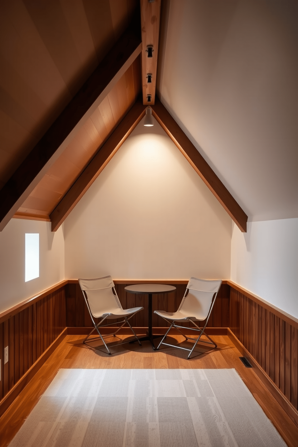 A cozy attic space designed for versatility. The room features a sleek folding chair set against a backdrop of exposed wooden beams, with soft, ambient lighting illuminating the area. A clever use of space maximizes functionality and comfort. A small, round table complements the folding chairs, creating an inviting nook perfect for relaxation or work.