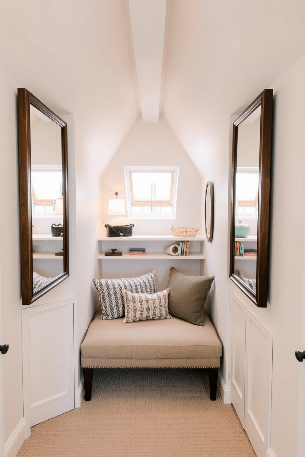 A cozy attic space designed to maximize limited square footage features strategically placed mirrors that reflect light and create an illusion of openness. The walls are painted in soft, light colors, while built-in shelves and a compact seating area enhance functionality without sacrificing style.