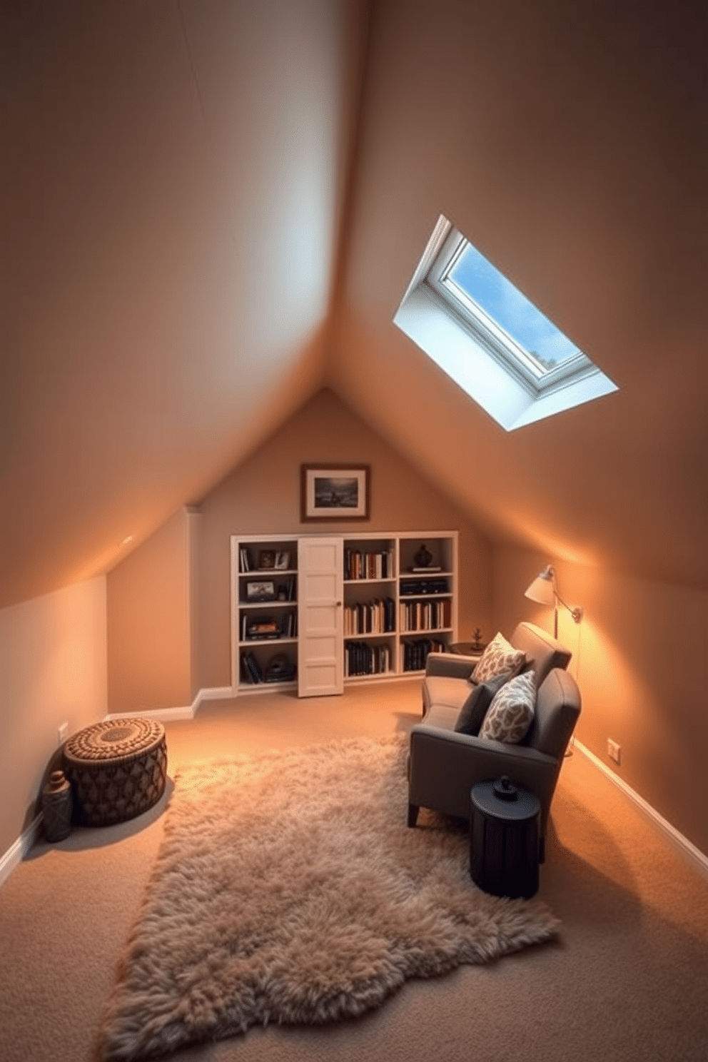 A cozy attic retreat with soft, ambient lighting that creates a warm and inviting atmosphere. The walls are painted in a soft beige, and a plush area rug adds comfort underfoot, while a small reading nook features a comfortable armchair and a side table. Incorporate built-in shelves to maximize storage without overwhelming the space, showcasing books and decorative items. A skylight allows natural light to filter in during the day, enhancing the cozy feel while providing a view of the stars at night.