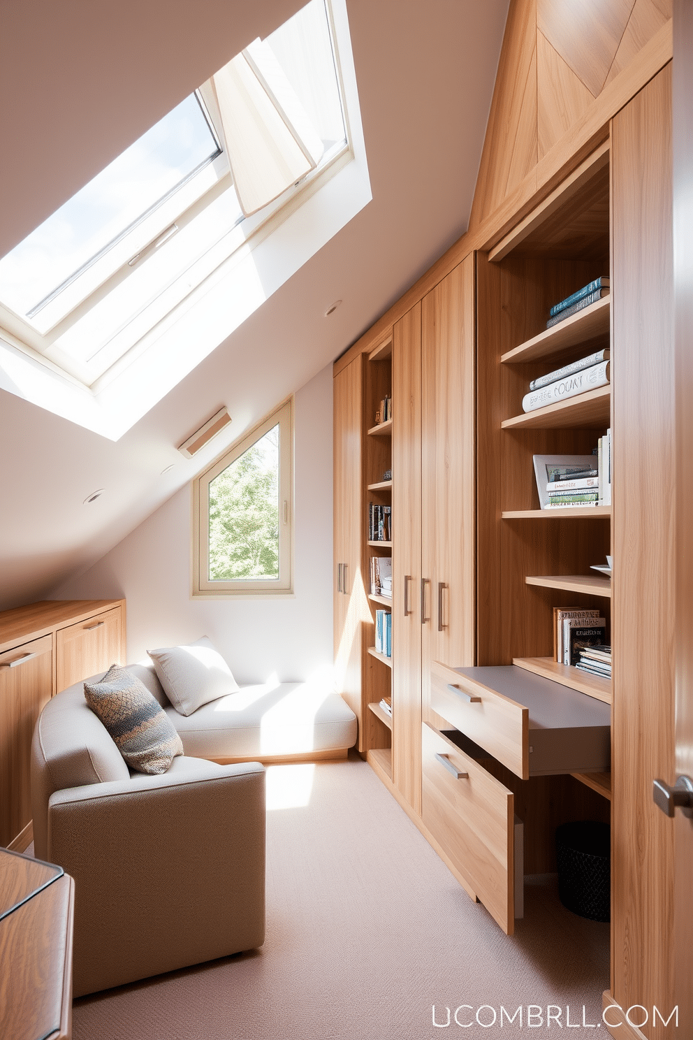 A beautifully designed attic space featuring custom cabinetry that maximizes storage while maintaining a sleek aesthetic. The cabinetry is crafted from light oak, seamlessly integrated into the sloped walls, with soft-close drawers and open shelving for easy access to belongings. The room is illuminated by natural light streaming through a large skylight, highlighting the warm tones of the wood. Cozy seating is arranged near the window, creating a perfect reading nook surrounded by personalized storage solutions.