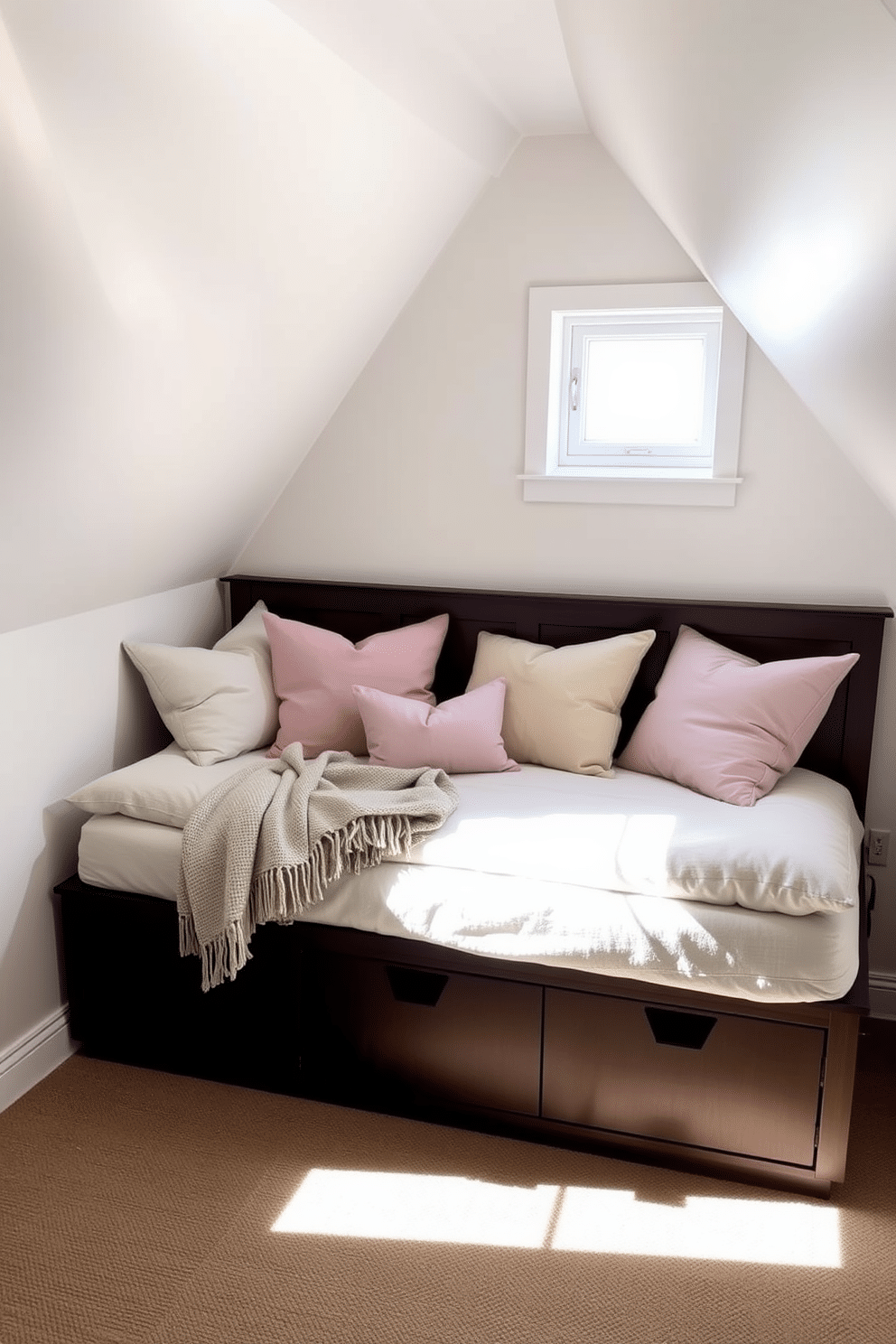 A cozy attic space featuring a stylish daybed that serves both lounging and sleeping purposes. The daybed is adorned with plush cushions in soft pastel colors, complemented by a lightweight throw blanket draped over the side. The walls are painted in a light, airy hue, enhancing the sense of space, while a small window allows natural light to flood the room. Underneath the daybed, built-in storage drawers provide a practical solution for limited space, keeping the area tidy and organized.