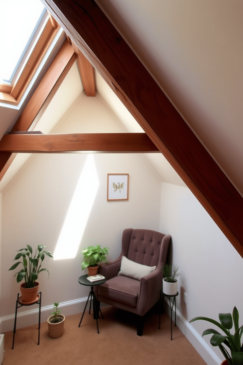 A cozy attic space characterized by painted wooden beams that enhance the architectural features of the room. The walls are adorned in soft, neutral tones, creating an inviting atmosphere while maximizing the sense of space. In one corner, a compact yet stylish seating area is arranged with a plush armchair and a small side table. Natural light pours in from a skylight, illuminating a carefully curated selection of decorative accents and plants that bring life to the limited space.