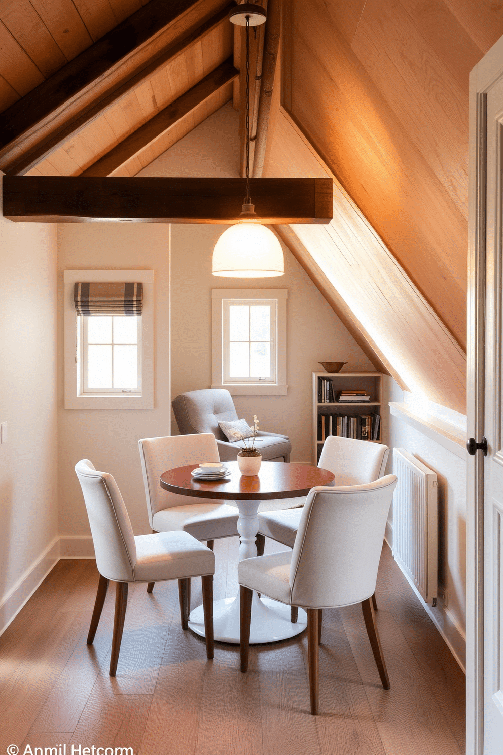 A charming small dining area features a round compact table surrounded by four upholstered chairs in soft pastel colors. A pendant light with a warm glow hangs above the table, creating an inviting atmosphere. The attic is transformed into a cozy retreat, showcasing sloped ceilings adorned with exposed wooden beams. A small reading nook with a plush armchair and a bookshelf adds functionality to the limited space, while large windows allow natural light to flood the room.