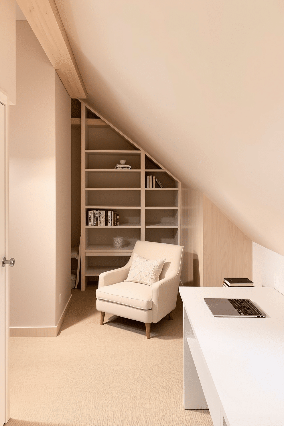 A serene attic space designed with a neutral color palette that promotes tranquility. Soft beige walls complement light wood beams, while a cozy reading nook features a plush, cream-colored armchair and a small side table. The layout maximizes limited space with built-in shelves that blend seamlessly into the sloped ceiling. A minimalist desk area with a sleek, white surface offers functionality without cluttering the room.