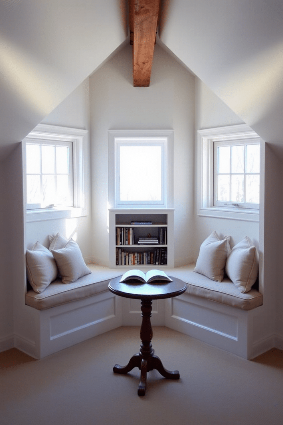 A cozy attic space featuring built-in window seats, designed for relaxation and enjoyment of natural light. The seats are adorned with plush cushions in soft, neutral tones, while a small bookshelf is integrated into the wall beside them, creating a serene reading nook. The walls are painted in a light, airy color to enhance the feeling of space, and the ceiling showcases exposed wooden beams for added character. A small, round table sits in front of the window seats, perfect for enjoying a cup of tea or a good book in this limited space.