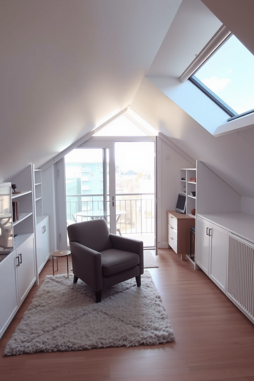 A cozy attic space featuring sliding doors that open to a small balcony, allowing natural light to flood the room. The interior is designed with a minimalist aesthetic, incorporating built-in shelving and a compact workspace to maximize functionality. The walls are painted in soft, neutral tones, enhancing the sense of openness, while a plush area rug adds warmth underfoot. A small seating area with a stylish armchair and a side table creates an inviting nook for reading or relaxation.