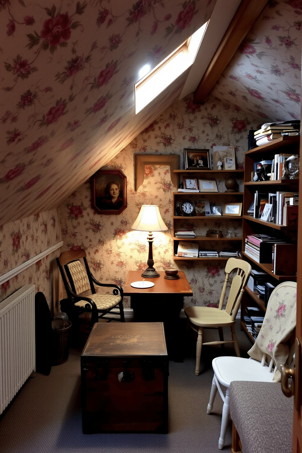 A cozy attic space featuring vintage decor elements. The walls are adorned with floral wallpaper, and a small, rustic wooden table sits beneath a sloped ceiling, accompanied by mismatched chairs. A vintage trunk serves as a coffee table, while an antique lamp provides warm lighting. Shelves filled with charming knick-knacks and books line one wall, creating an inviting atmosphere in this limited space.