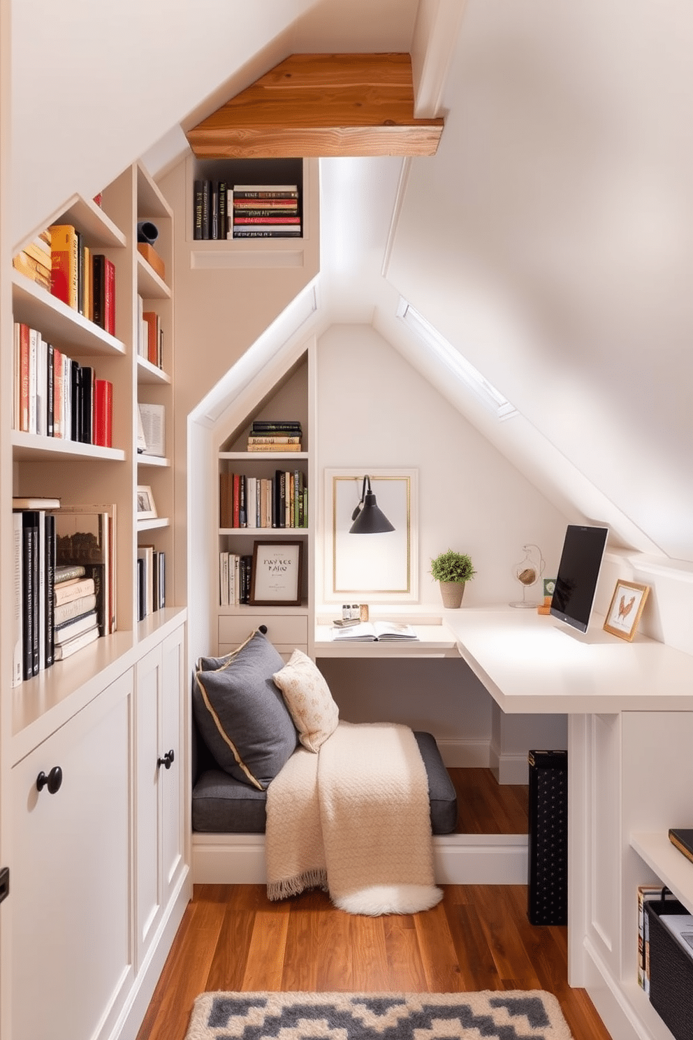 A cozy attic space designed to maximize limited space features creative alcove storage solutions. Built-in shelves line the walls, filled with books and decorative items, while a plush reading nook is nestled into one alcove, complete with soft cushions and a warm throw. The design incorporates a sloped ceiling, enhancing the charm of the attic while providing functional storage beneath the eaves. A small desk area is cleverly positioned in another alcove, offering a perfect spot for work or study, illuminated by a stylish pendant light.