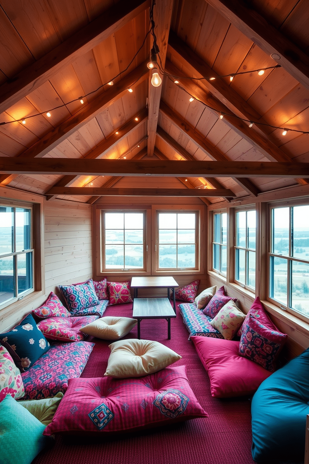 A cozy attic space designed for informal gatherings features vibrant floor cushions in various sizes and patterns, arranged around a low coffee table. Soft ambient lighting from string lights creates a warm atmosphere, while exposed wooden beams add character to the ceiling. The limited space is maximized with multifunctional furniture, including a foldable table that can be tucked away when not in use. Large windows let in natural light, enhancing the inviting feel of the room while offering a view of the surrounding landscape.