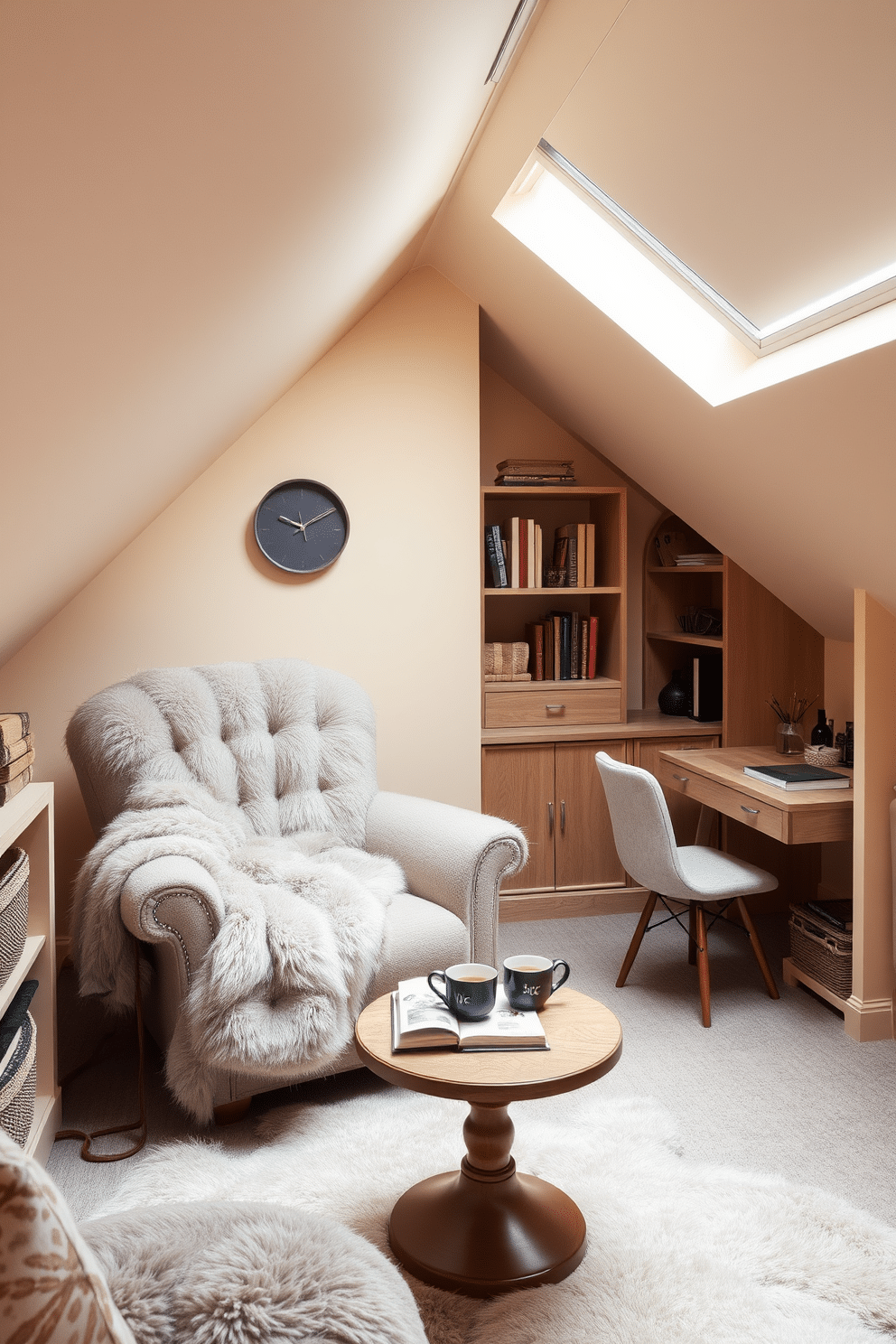 A cozy attic space designed for relaxation, featuring soft faux fur throws draped over a plush armchair. The walls are painted in a warm, light color, and a small, round coffee table sits in front of the armchair, adorned with a stack of books and a steaming cup of tea. Incorporating smart storage solutions, the design maximizes limited space with built-in shelves and a compact desk tucked beneath the eaves. Natural light floods the room through a skylight, enhancing the inviting atmosphere and making the most of the cozy nook.