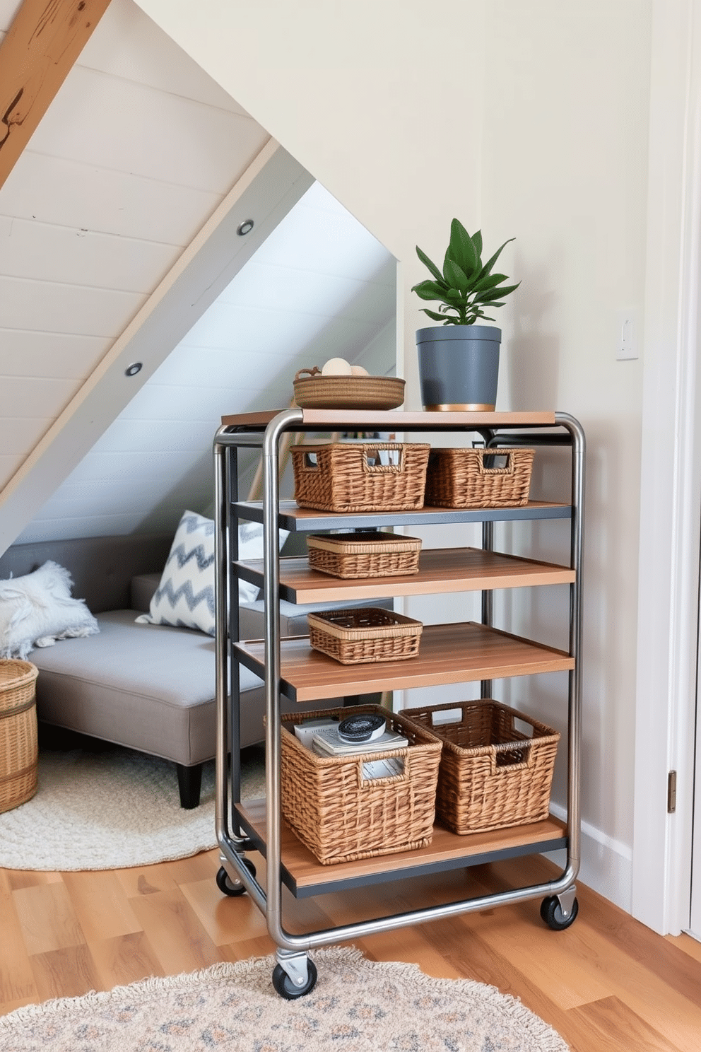 A stylish portable storage cart with multiple tiers, featuring a sleek metal frame and wooden shelves, perfect for easy mobility in any room. The cart is adorned with decorative baskets for organization and a small potted plant on the top shelf for a touch of greenery. A cozy attic space transformed into a functional living area, showcasing a blend of rustic charm and modern design. The room features sloped ceilings with exposed beams, a comfortable seating nook with plush cushions, and clever built-in storage solutions that maximize limited space.