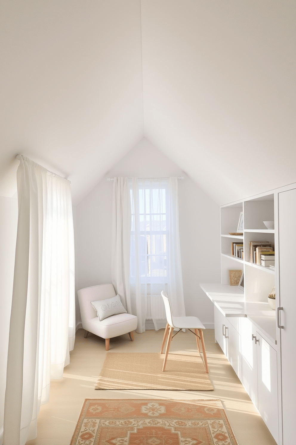 A bright and airy attic space features lightweight, sheer curtains that gently filter natural light, creating a serene atmosphere. The walls are painted in soft white, enhancing the feeling of openness, while a cozy reading nook with a plush chair and a small bookshelf adds functionality to the limited area. The design incorporates clever storage solutions, such as built-in shelving and under-eave cabinets, to maximize space without sacrificing style. A small desk area with a minimalist design provides a perfect spot for work or study, complemented by a decorative rug that adds warmth to the room.