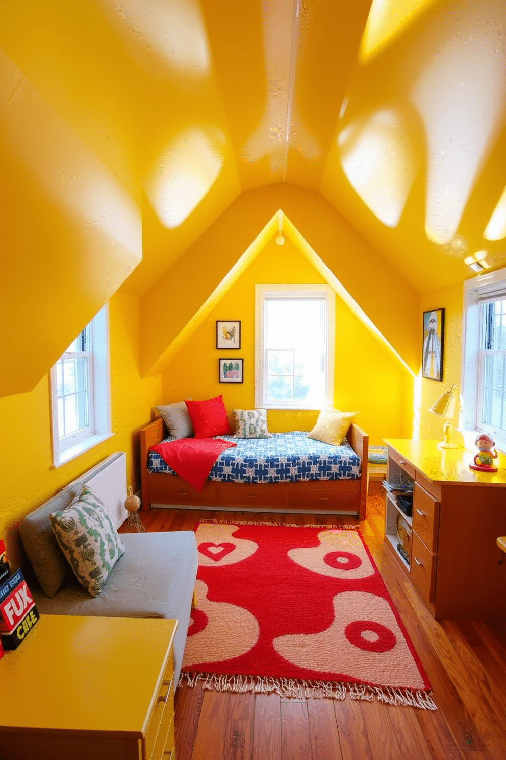 A vibrant attic space featuring bright yellow walls that reflect natural light, creating an airy atmosphere. The room is adorned with colorful artwork and a playful area rug that adds warmth and character. Incorporating multifunctional furniture, a cozy daybed doubles as a seating area and sleeping space. A compact desk with bright accents provides a perfect workspace, while clever storage solutions maximize the limited space.