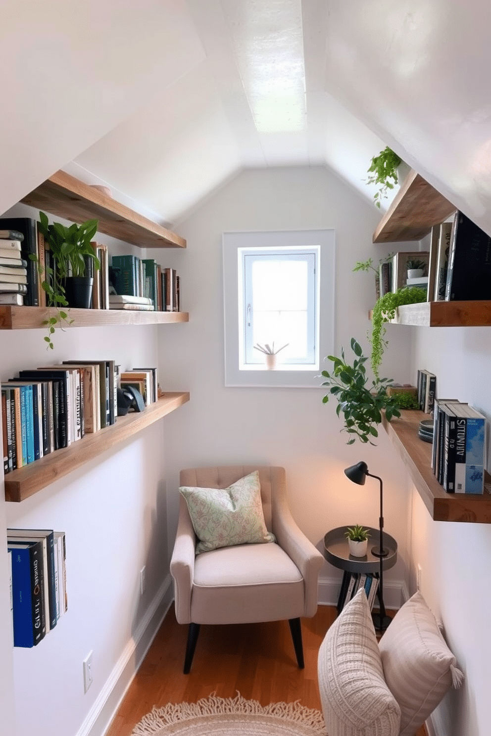 A cozy attic space transformed with corner shelves that utilize vertical space efficiently. The shelves are crafted from reclaimed wood, showcasing a mix of books, plants, and decorative items, creating a warm and inviting atmosphere. The walls are painted a soft white, enhancing the natural light that filters through a small window. A plush reading nook with a comfortable chair and a small side table is nestled beneath the sloped ceiling, making the most of the limited space.