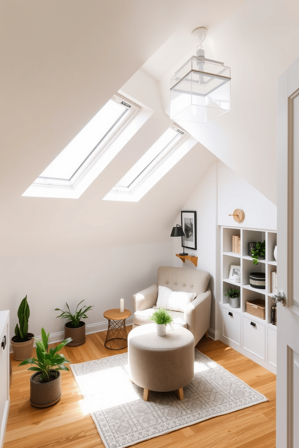 A cozy attic space featuring skylights that flood the room with natural light while providing ventilation. The design includes a compact seating area with a plush armchair and a small coffee table, surrounded by built-in shelves that maximize storage without compromising style. The walls are painted in a soft, light color to enhance the brightness, and the flooring is a warm wood that adds to the inviting atmosphere. Decorative elements like potted plants and a stylish rug create a comfortable and functional retreat in this limited space.