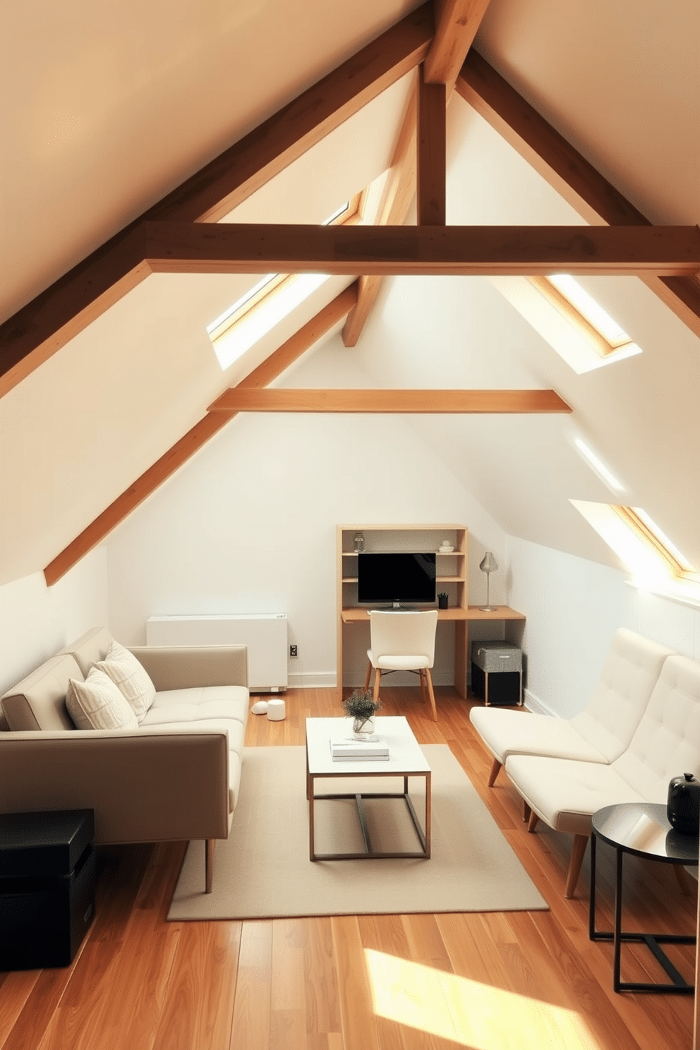 A cozy attic space featuring low-profile furniture to maximize headroom clearance. The room is adorned with a sleek, low sofa and a minimalist coffee table, creating an open and airy atmosphere. Soft, natural light filters in through skylights, illuminating the warm wood beams and light-colored walls. A compact desk in the corner provides a functional workspace without overwhelming the space.