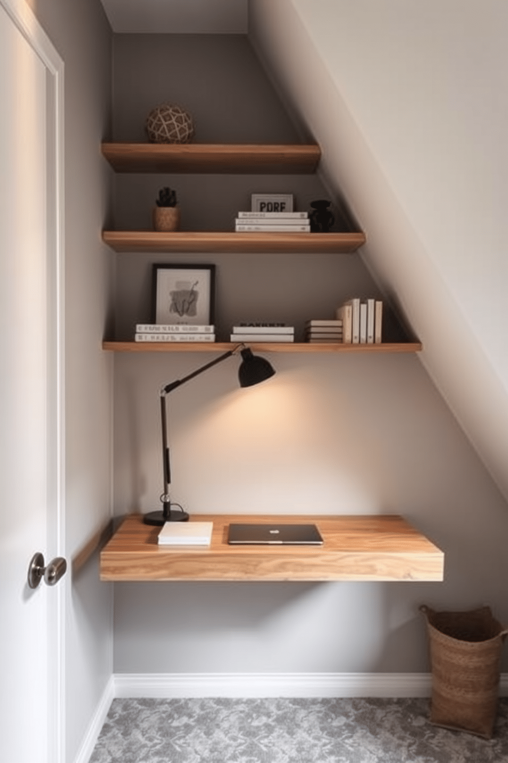 A wall-mounted desk is elegantly integrated into the room, featuring a sleek design with clean lines and a natural wood finish. Above the desk, floating shelves display curated decor and essential office supplies, while a stylish task lamp provides focused lighting. In the limited space of an attic, a cozy nook is created with a compact desk positioned beneath a sloped ceiling. Soft, ambient lighting and built-in storage solutions maximize functionality while maintaining a warm and inviting atmosphere.