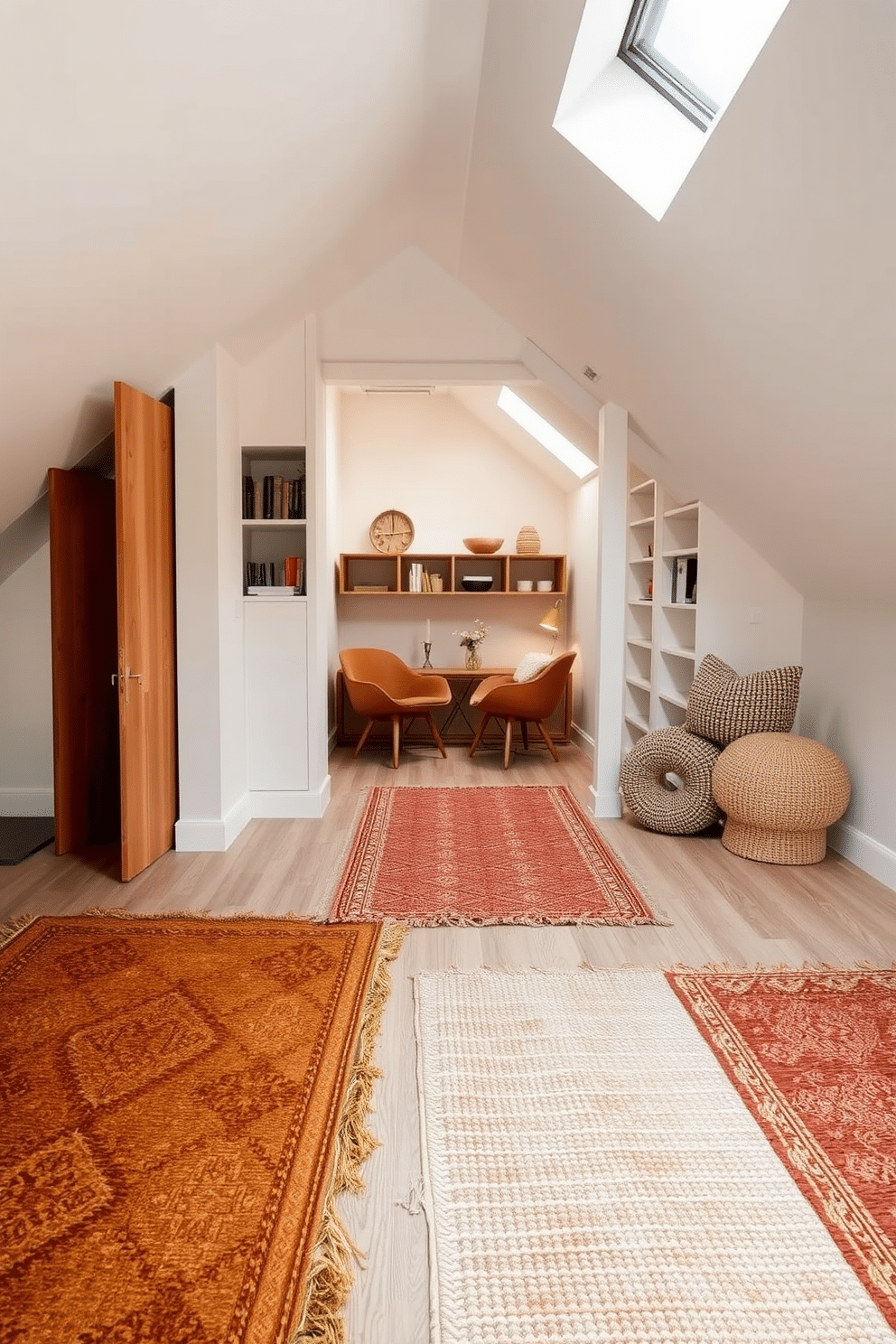 Textured rugs in warm earth tones are scattered across the floor, creating a cozy and inviting atmosphere. The rugs feature intricate patterns that complement the overall design, adding depth and comfort to the space. In a limited space attic, clever use of built-in furniture maximizes functionality while maintaining a stylish aesthetic. Soft lighting and light-colored walls enhance the feeling of openness, making the area feel more spacious and welcoming.