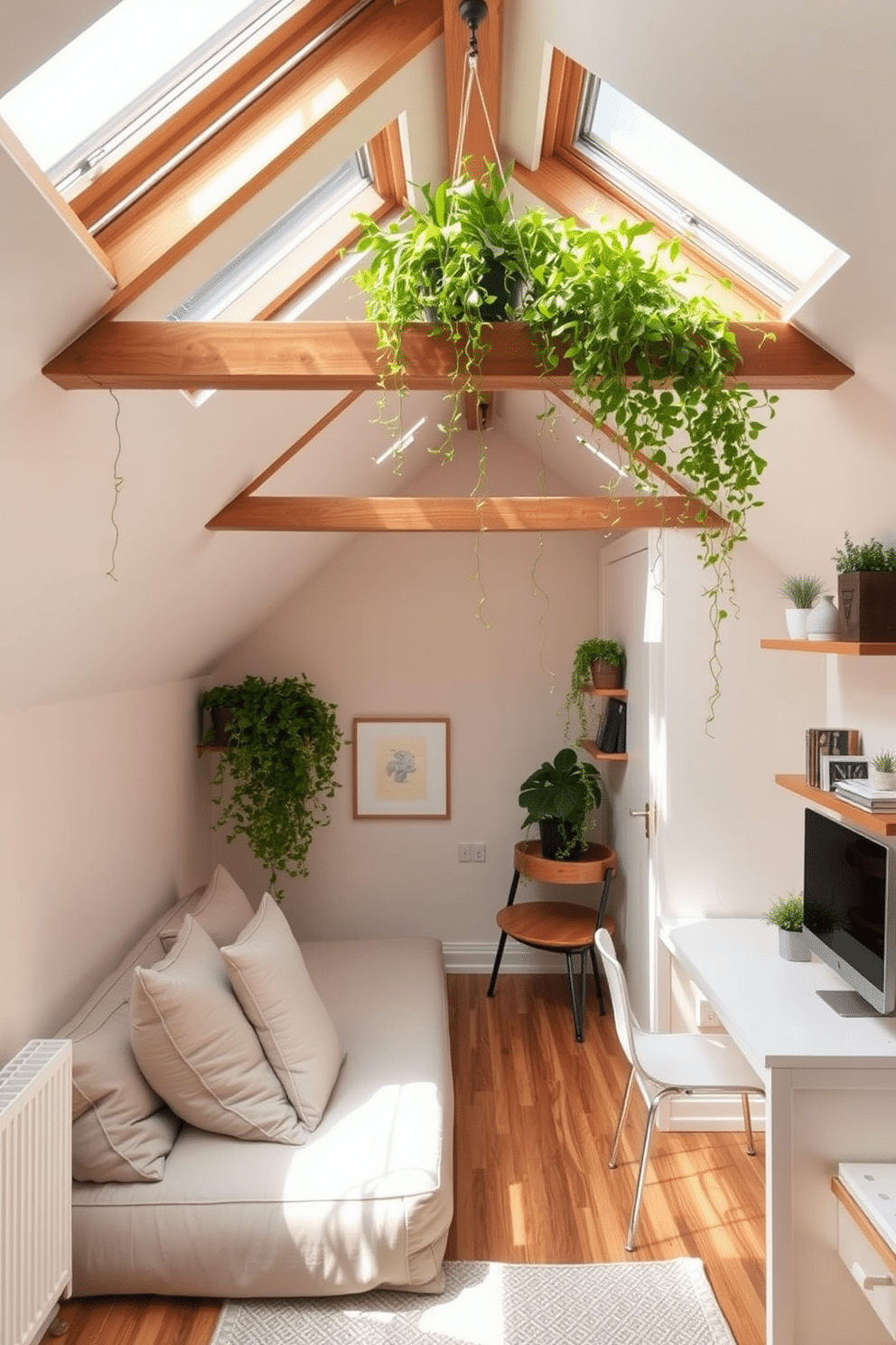 A cozy attic space designed to maximize limited space, featuring sloped ceilings and natural light streaming through skylights. The room is adorned with hanging plants that cascade down from wooden beams, adding a touch of greenery and style. The furniture includes a compact sofa bed and a minimalist desk, both arranged to create an inviting atmosphere. Soft, neutral colors on the walls complement the rich wood tones, while decorative shelves display books and small potted plants for an organized yet personalized touch.