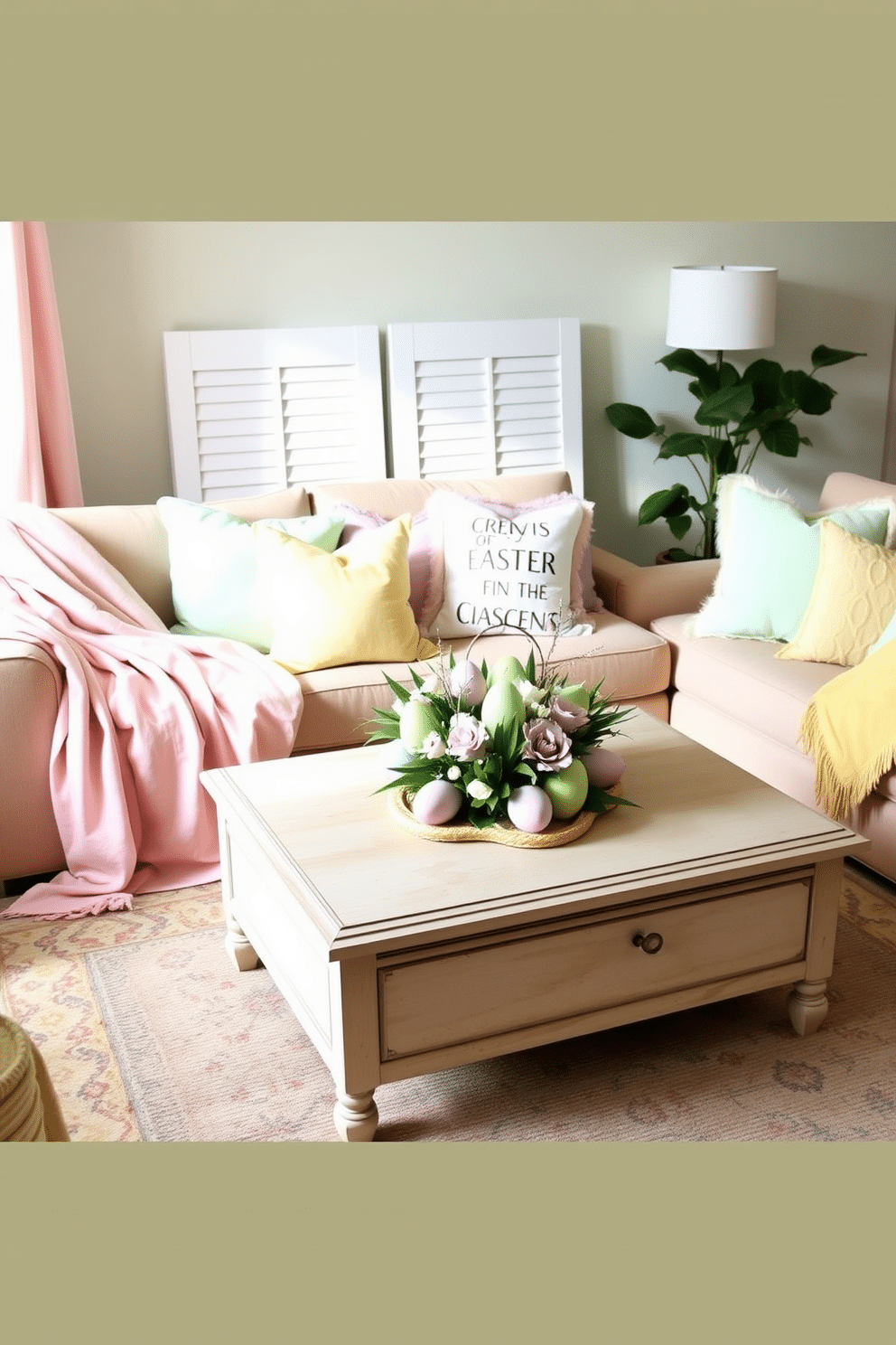 A cozy living room adorned with pastel-colored throw pillows and soft blankets. The arrangement includes a plush sofa draped with a light pink blanket, complemented by various cushions in mint green, lavender, and pale yellow hues. A large coffee table in the center is decorated with a pastel-themed centerpiece, featuring decorative eggs and fresh flowers. The overall ambiance is bright and cheerful, perfect for celebrating the Easter season.